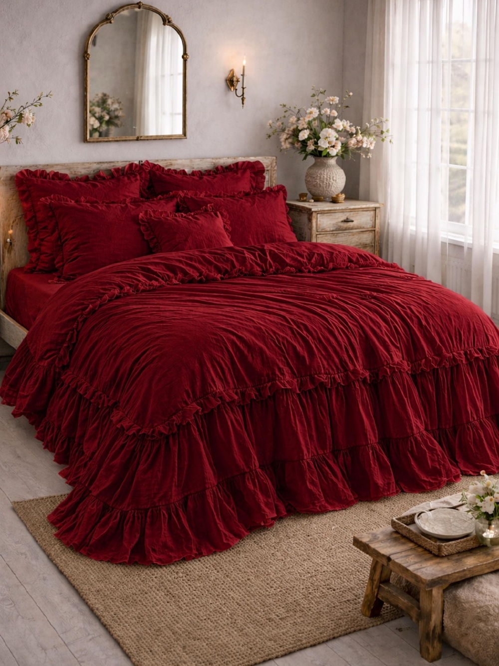 Elegant Ruffled Velvet Comforter Set in Deep Red